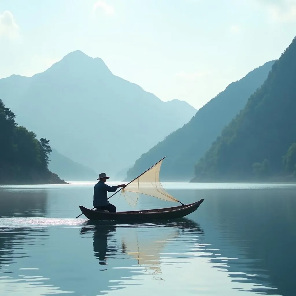 Japanese fisherman in a traditional boat on a serene mountain lake