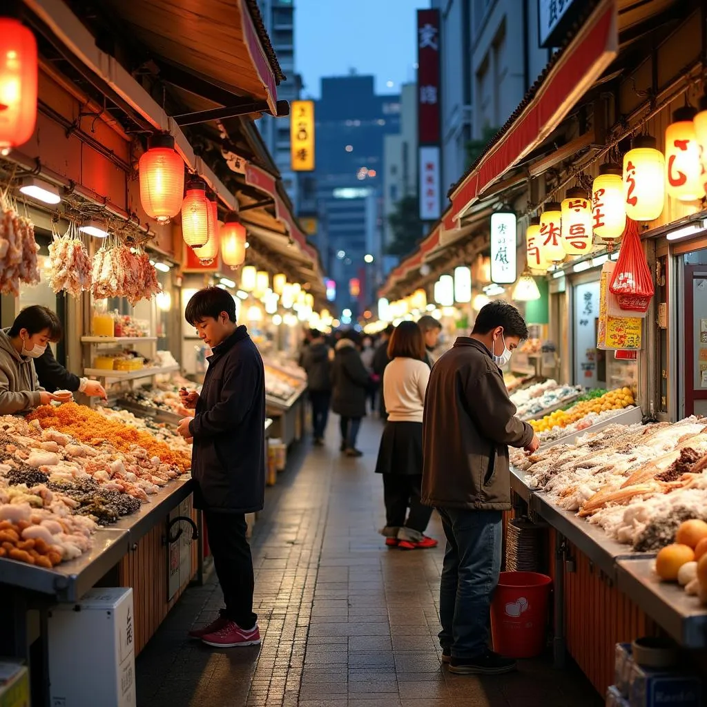 Exploring a bustling Japanese food market