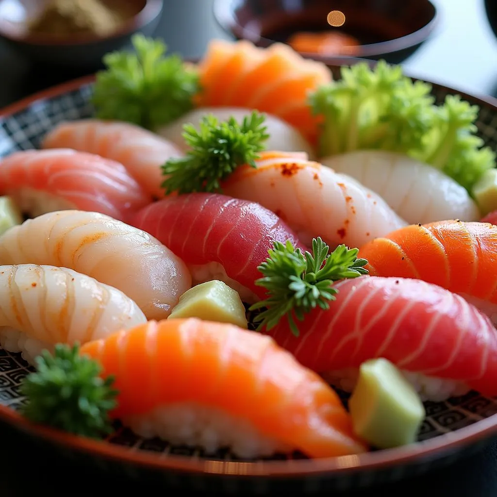 Assortment of Colorful Japanese Sushi and Sashimi