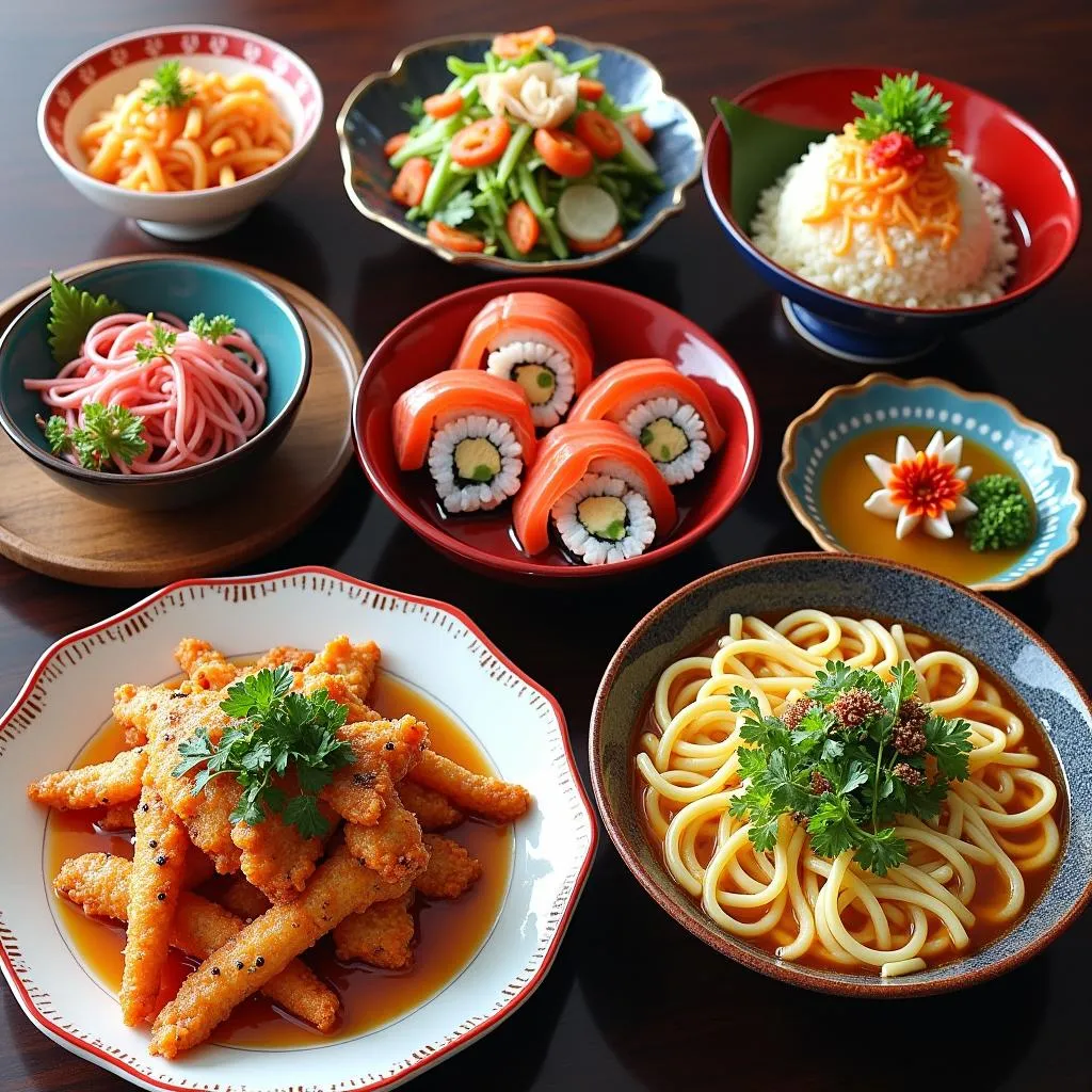 Assortment of Colorful Japanese Dishes