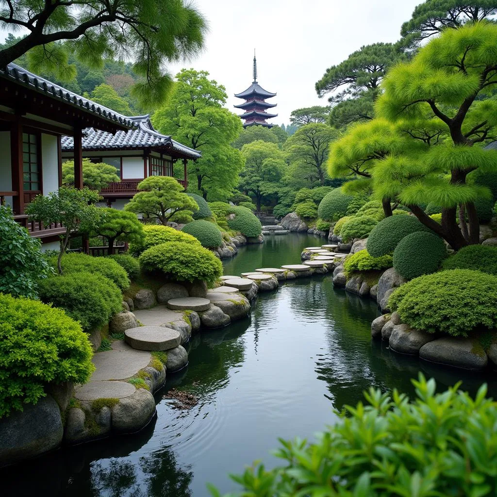 Serene Japanese Garden in Kyoto with a traditional pagoda in the background