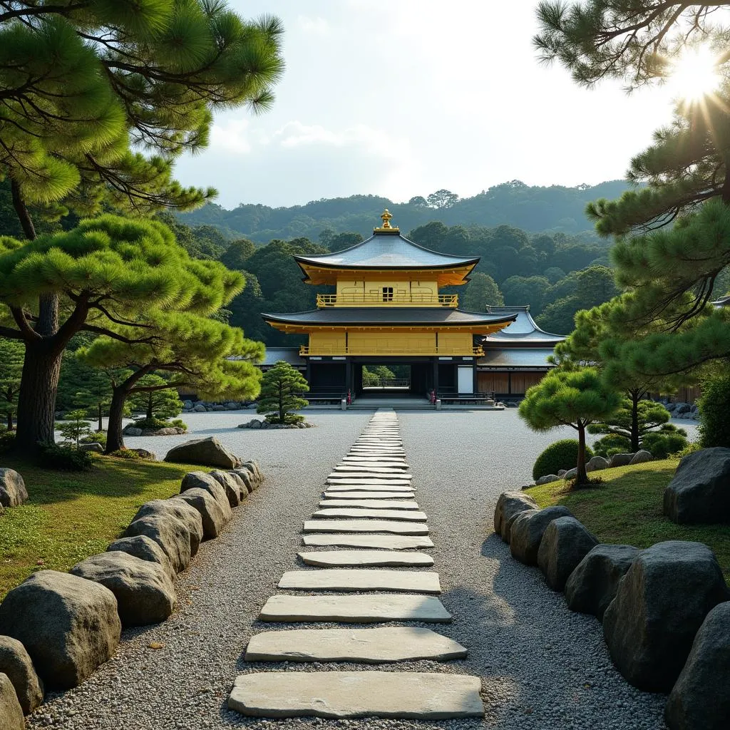 Stone pathway winding through a Japanese garden at the Golden Temple