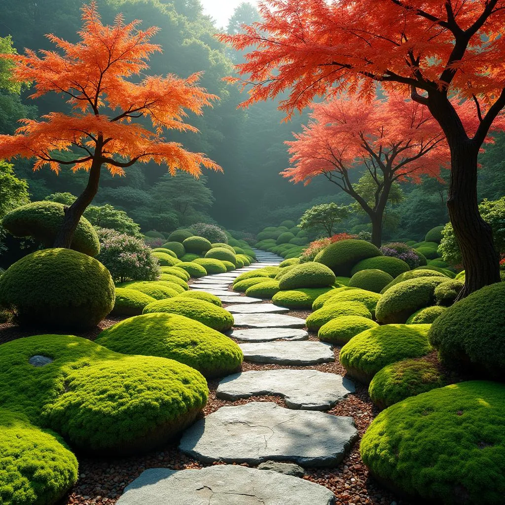 Tranquil pathway winding through a traditional Japanese garden, enveloped by lush greenery and vibrant blossoms.