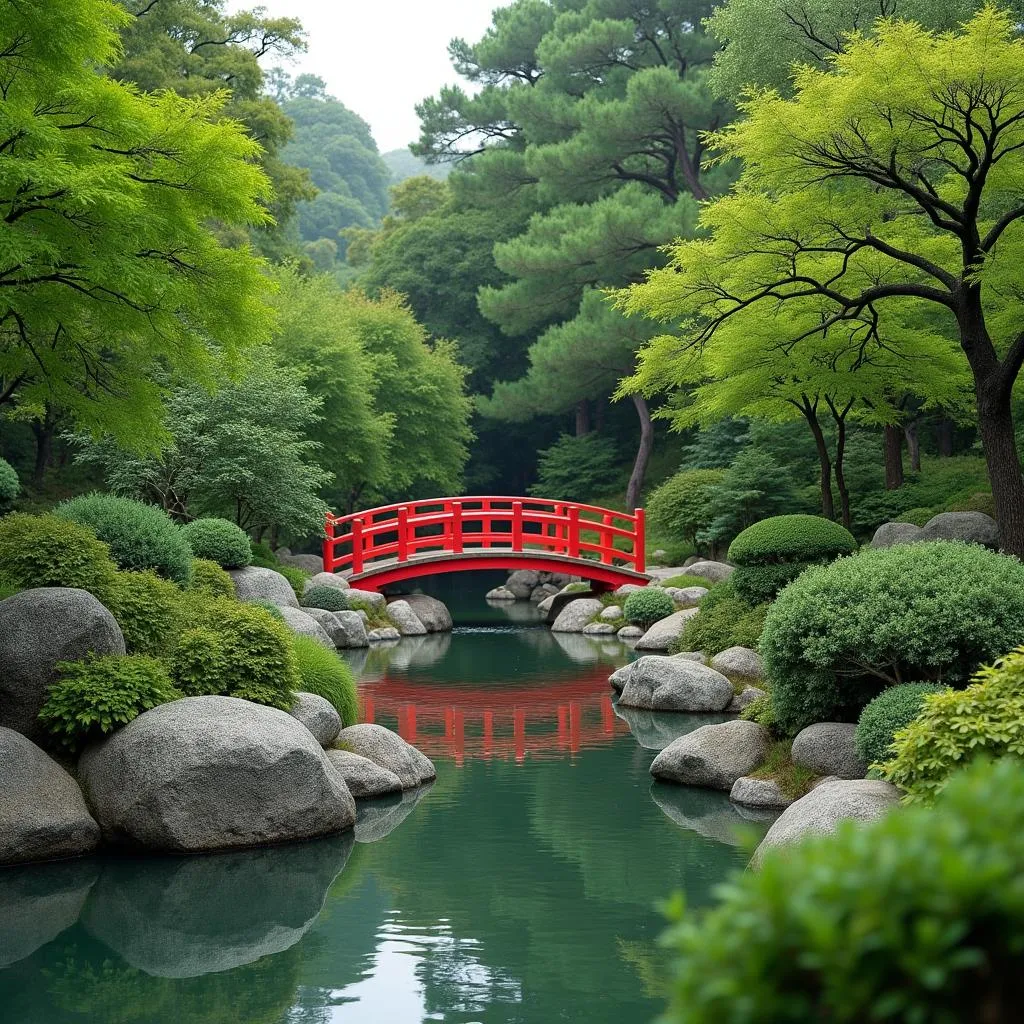 Serene Japanese Garden with Traditional Bridge