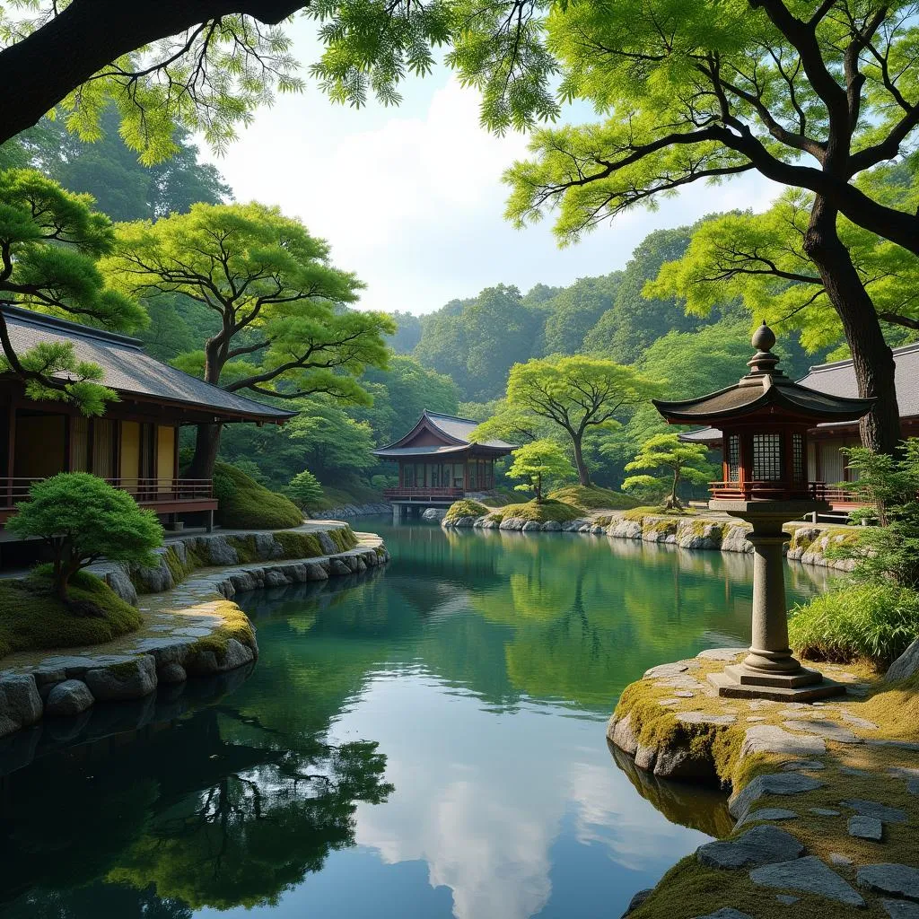 Peaceful Japanese Garden with a Pond and Stone Lanterns