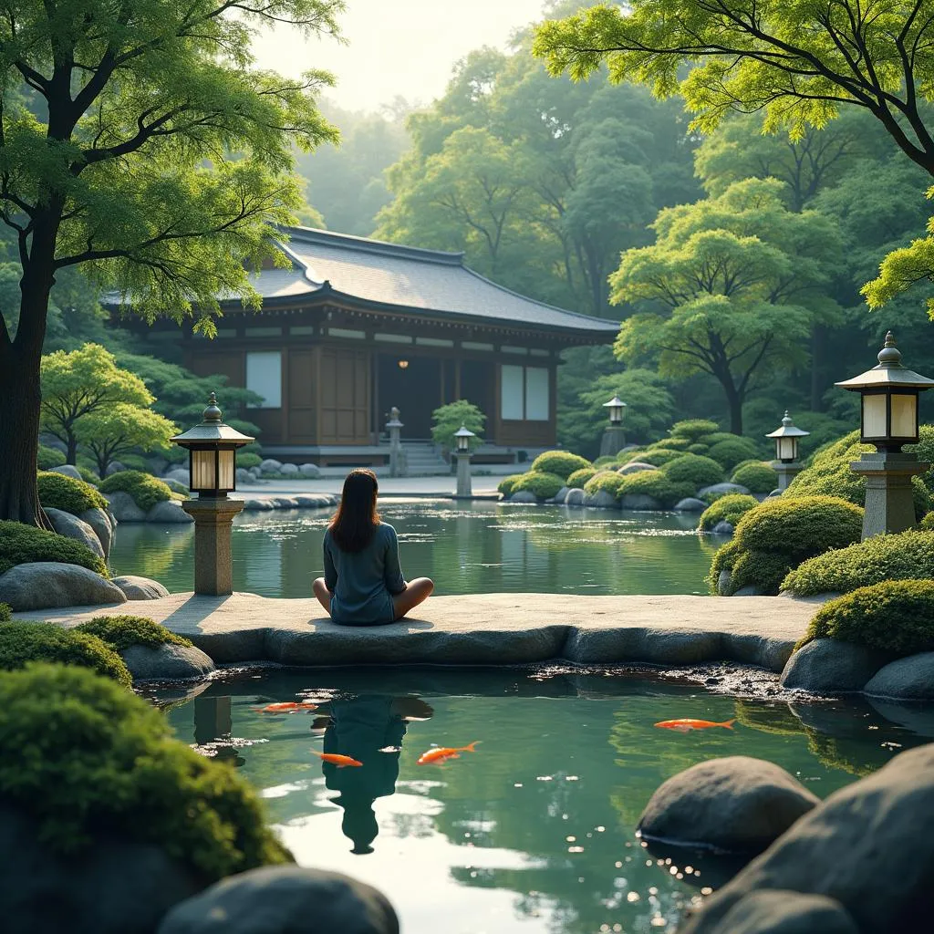 Peaceful Japanese garden with a person meditating