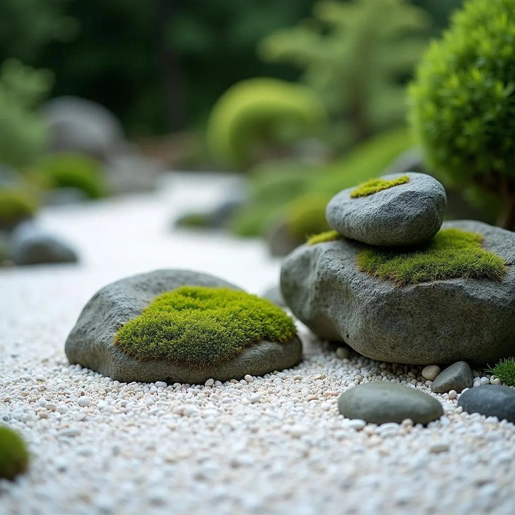 Tranquil Japanese garden with zen stones and moss.