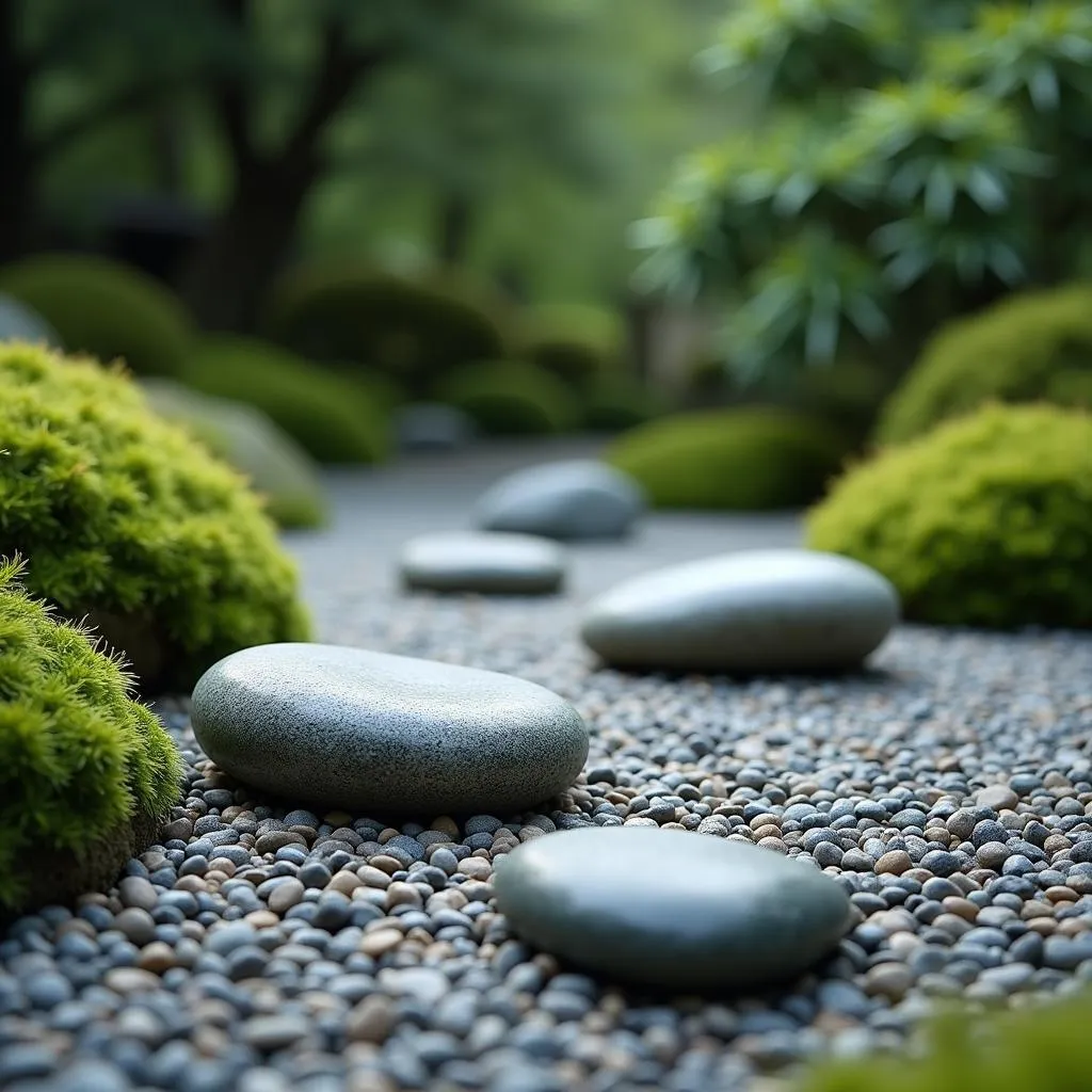 Japanese Rock Garden with Zen Stones and Lush Greenery