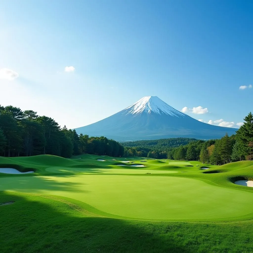 Scenic golf course with Mount Fuji backdrop