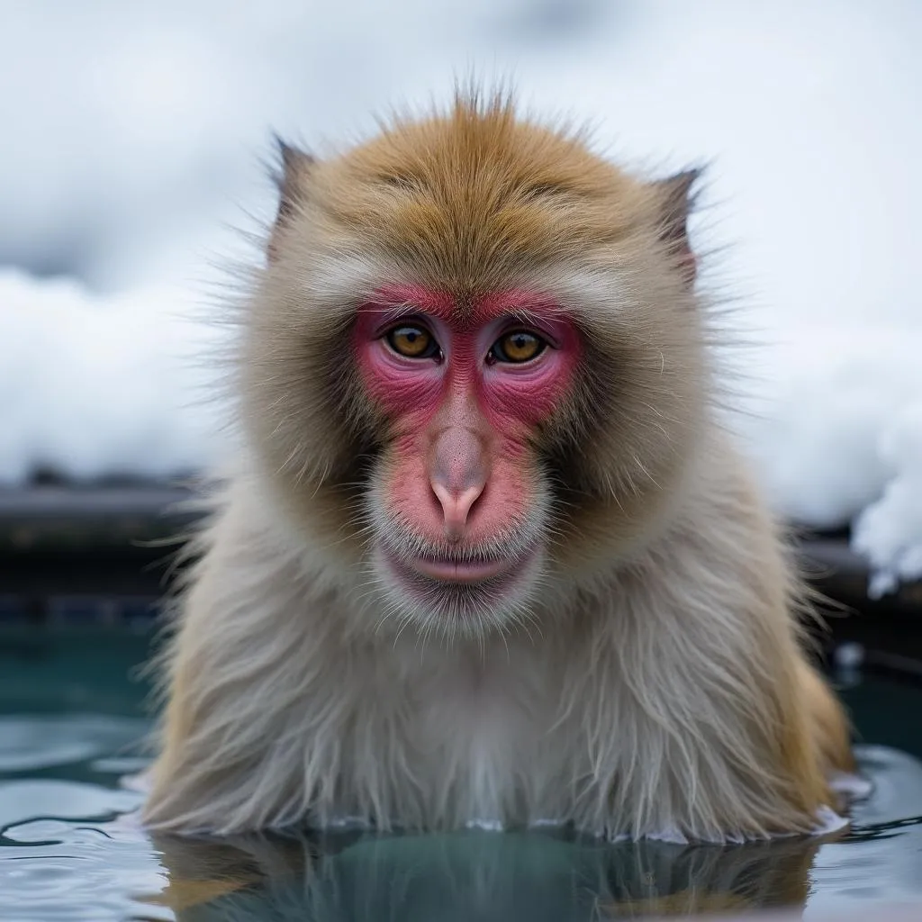 Japanese Macaque Relaxing in a Hot Spring