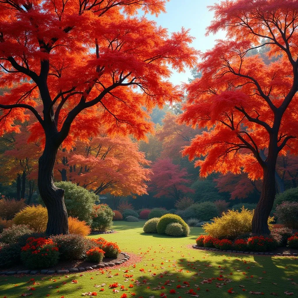 Japanese Maple Trees in Autumn Garden