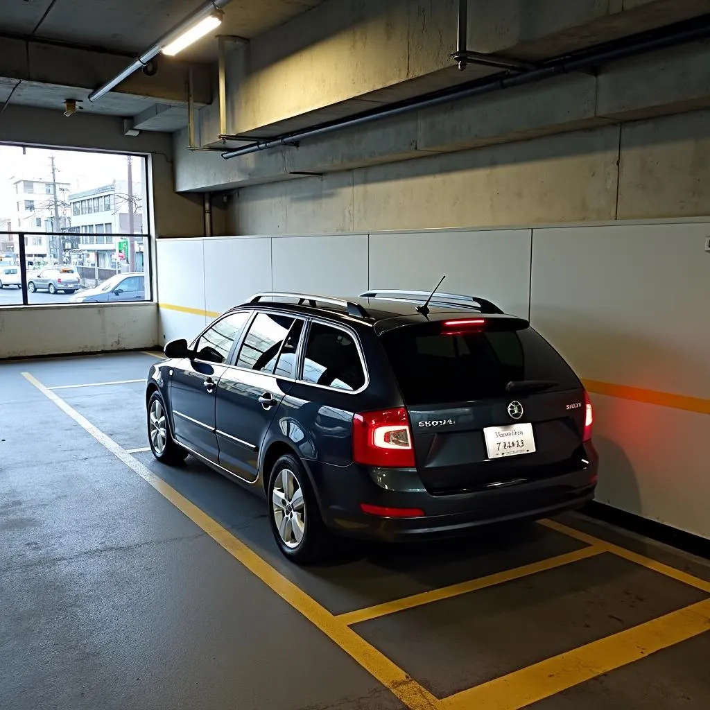 Skoda Octavia parked in a multi-level parking garage in Japan