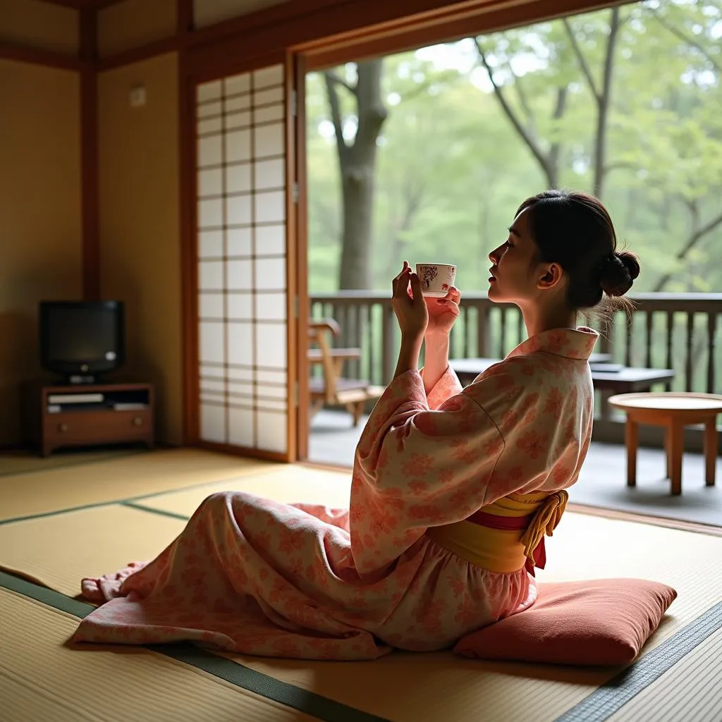 Woman in traditional Japanese yukata enjoying a cup of tea in a ryokan