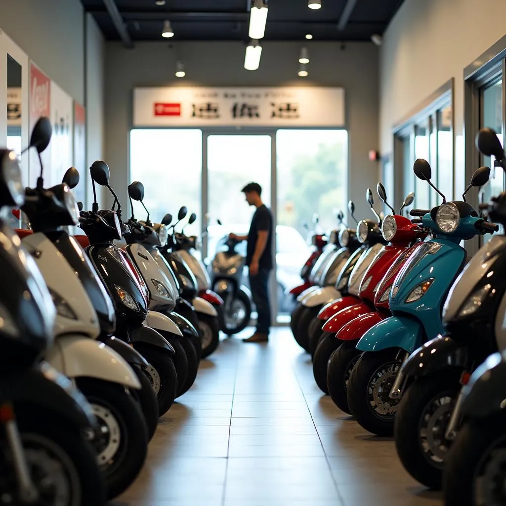 Interior of a well-lit Japanese scooter dealership