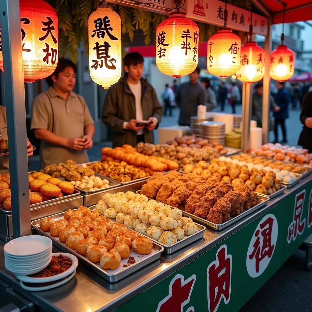 Vibrant Japanese Street Food Stall with Variety