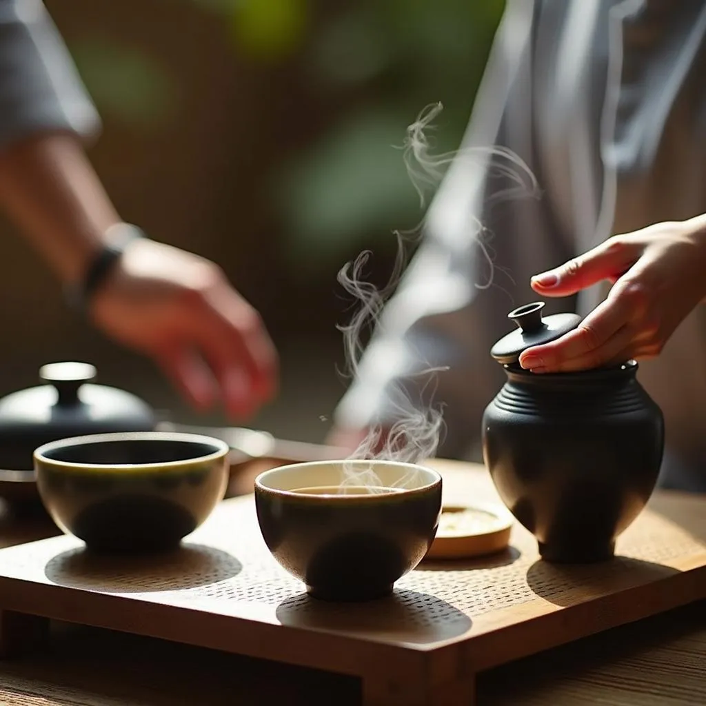 A woman in a kimono performs a Japanese tea ceremony