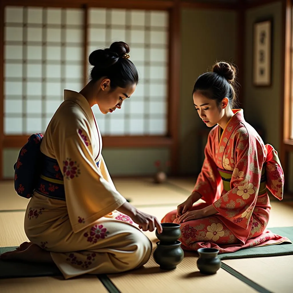 Traditional Japanese tea ceremony with women in colorful kimonos