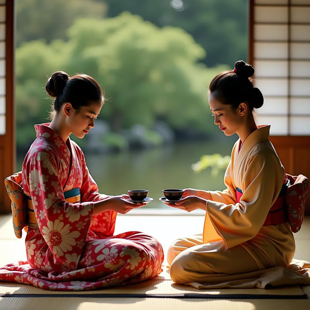 Traditional Japanese tea ceremony with women in colorful kimonos