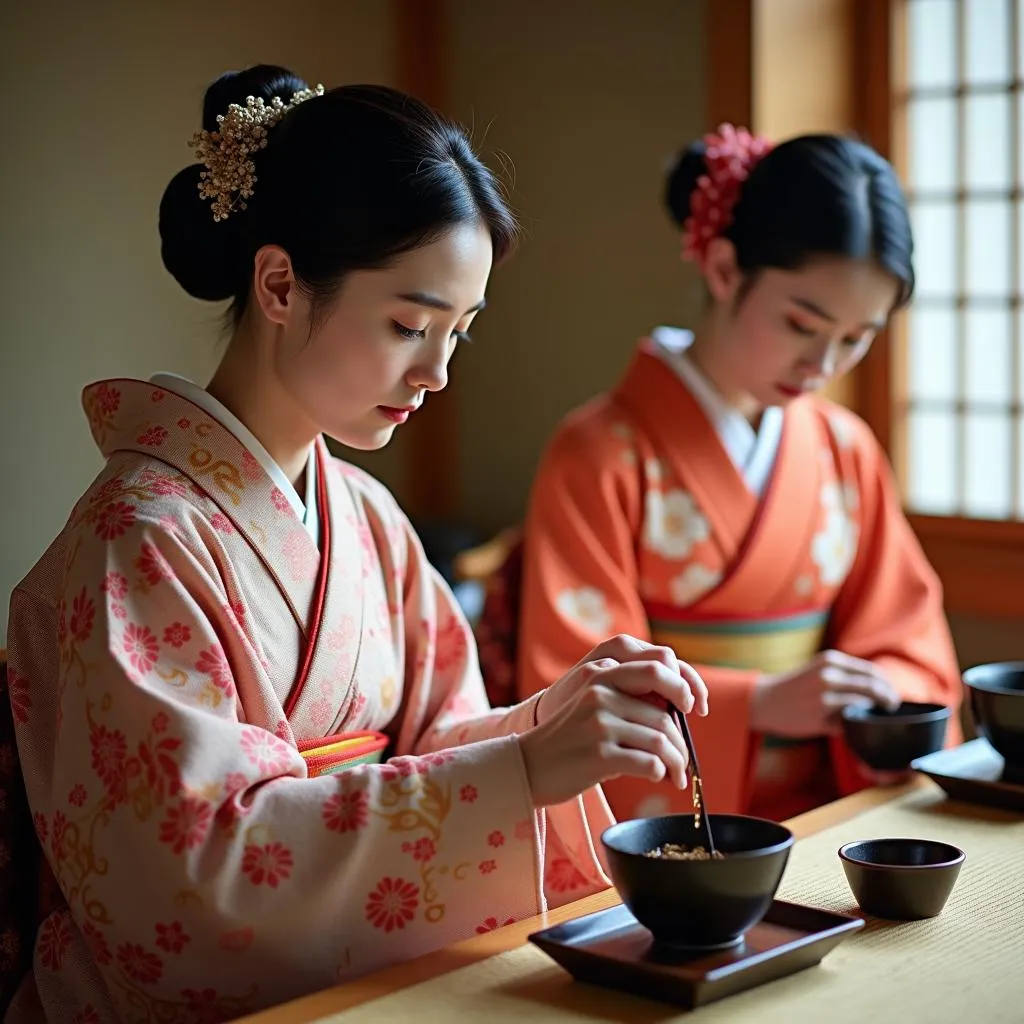 Traditional Japanese Tea Ceremony with women in colorful kimonos