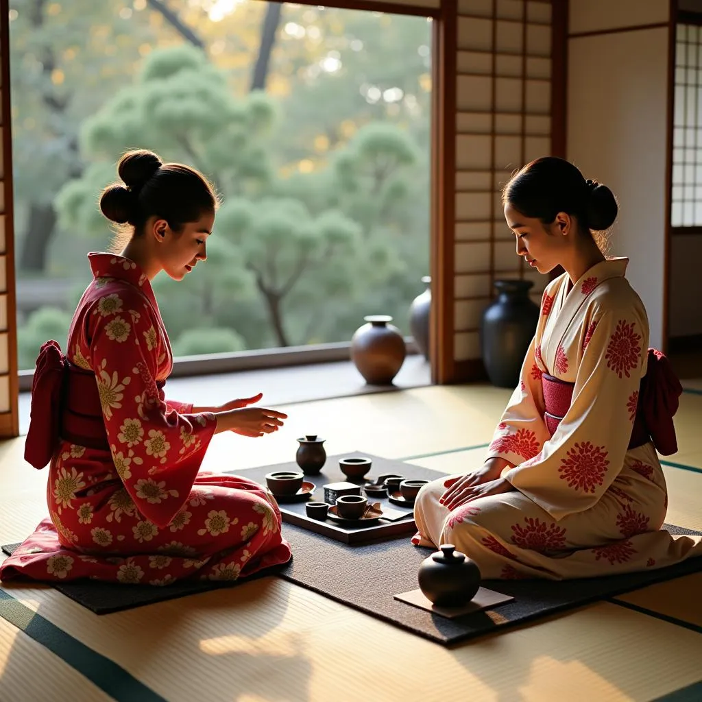 Traditional Japanese tea ceremony in Kyoto with women in colorful kimonos