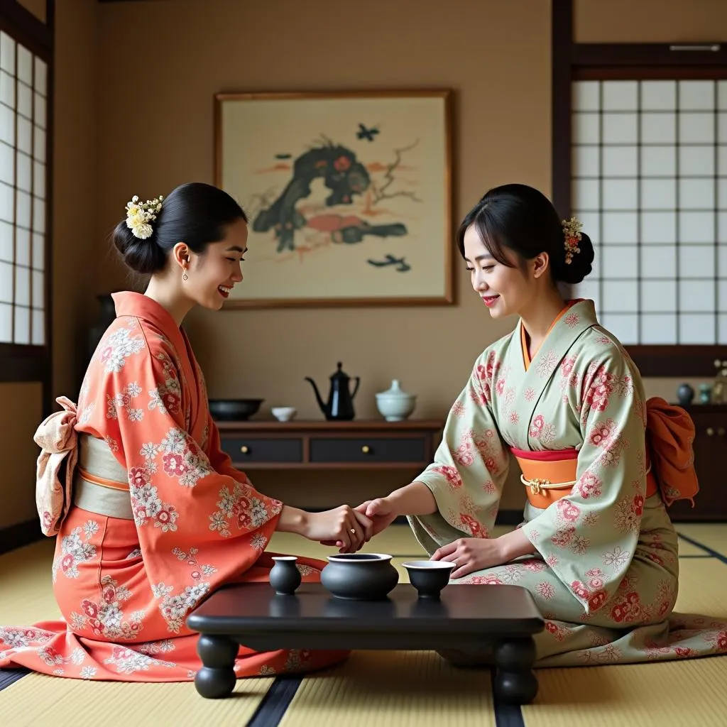 Traditional Japanese tea ceremony with women in kimonos