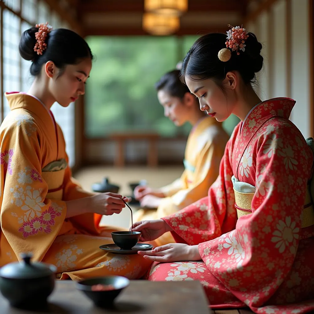 Traditional Japanese tea ceremony with women in colorful kimonos