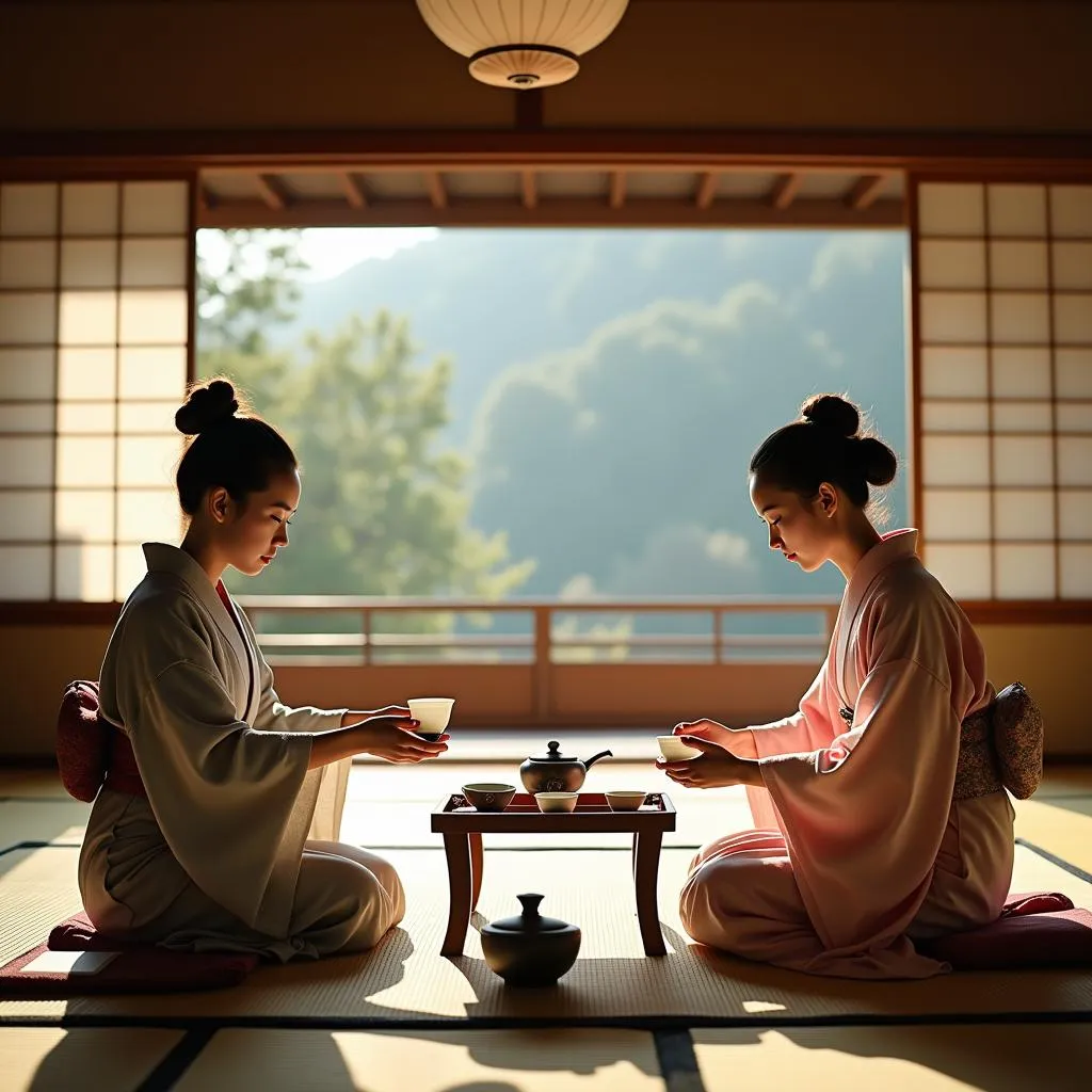 Japanese Tea Ceremony in Traditional House with Kimono