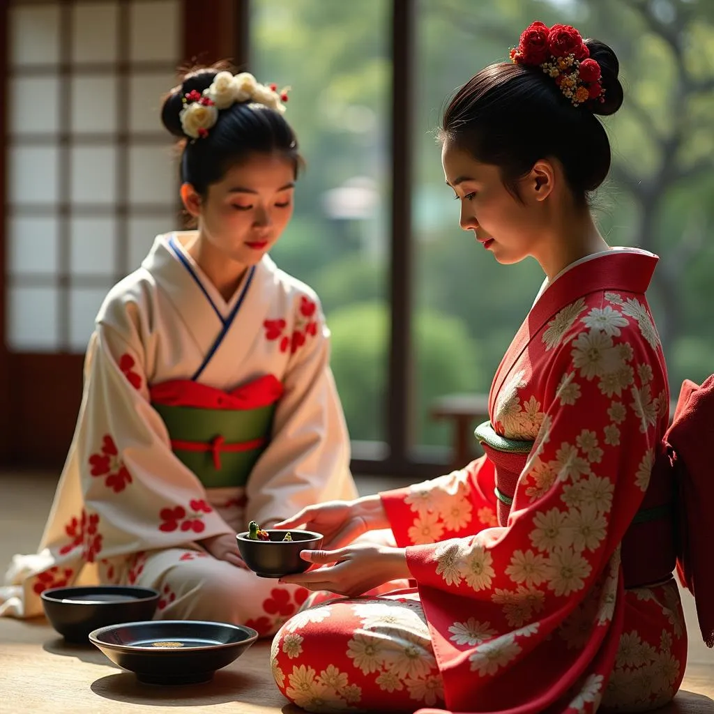 Women in Kimono Performing Traditional Japanese Tea Ceremony