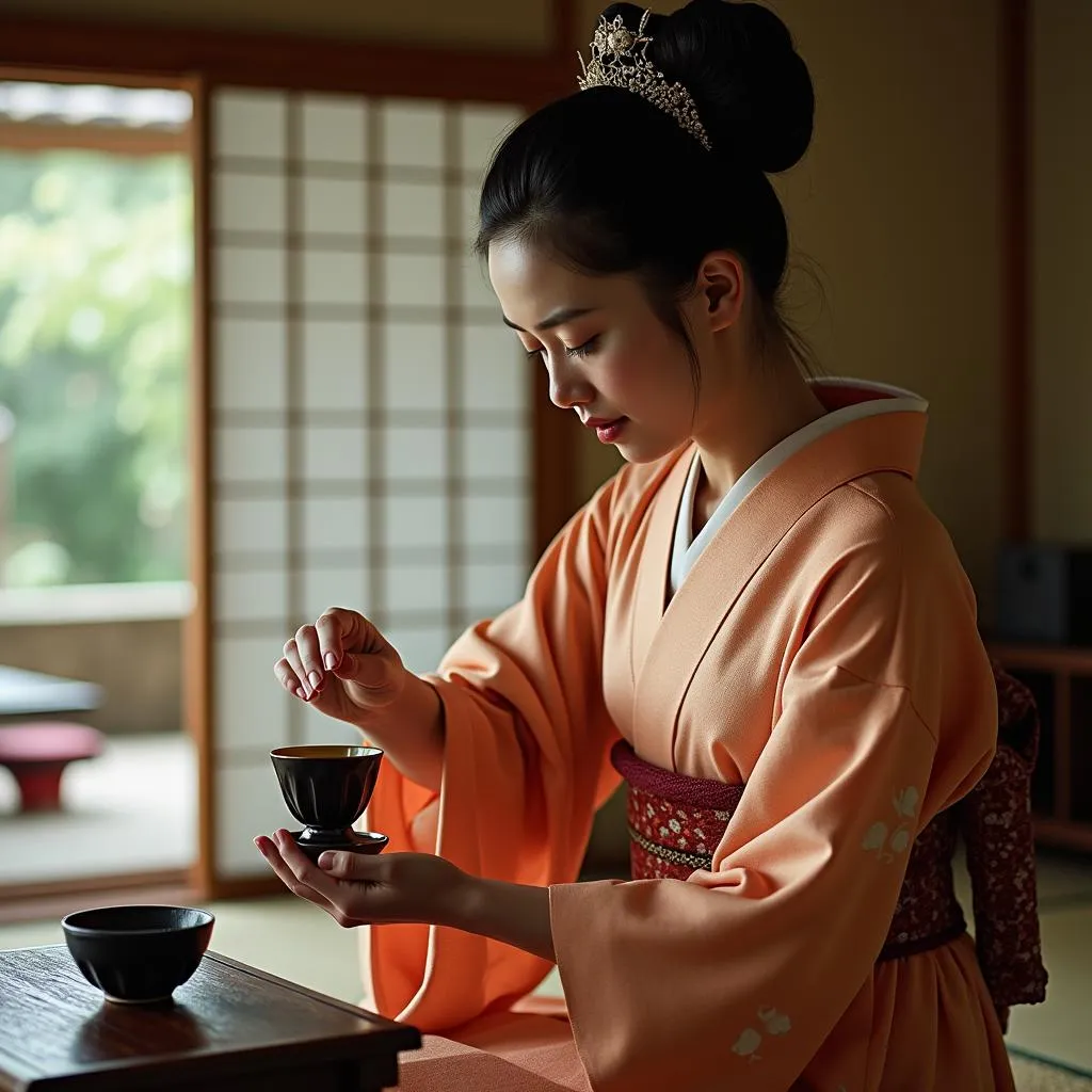 Woman in a traditional kimono performing a Japanese tea ceremony