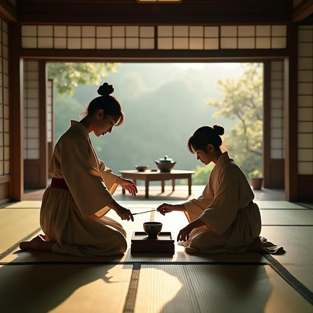 Traditional Japanese tea ceremony in a serene setting