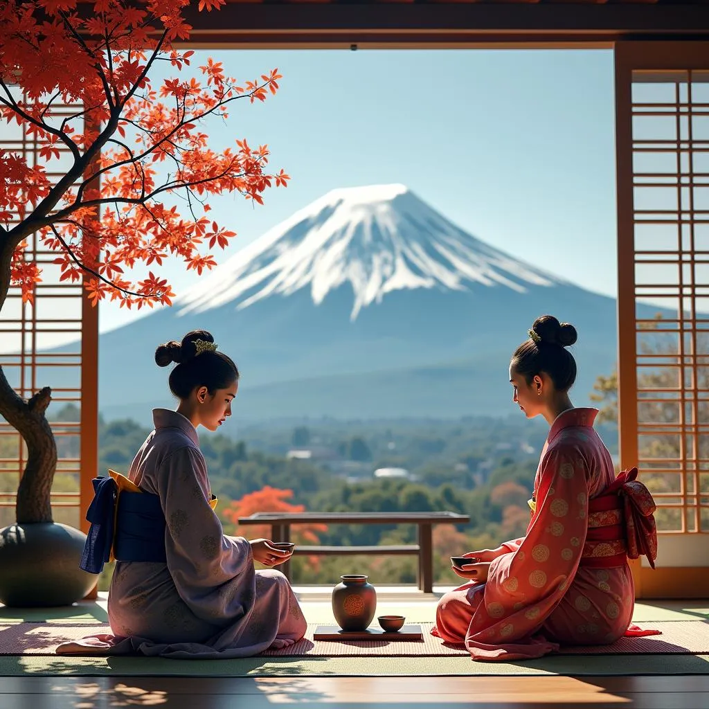 Enjoying a traditional Japanese tea ceremony with breathtaking Mount Fuji views