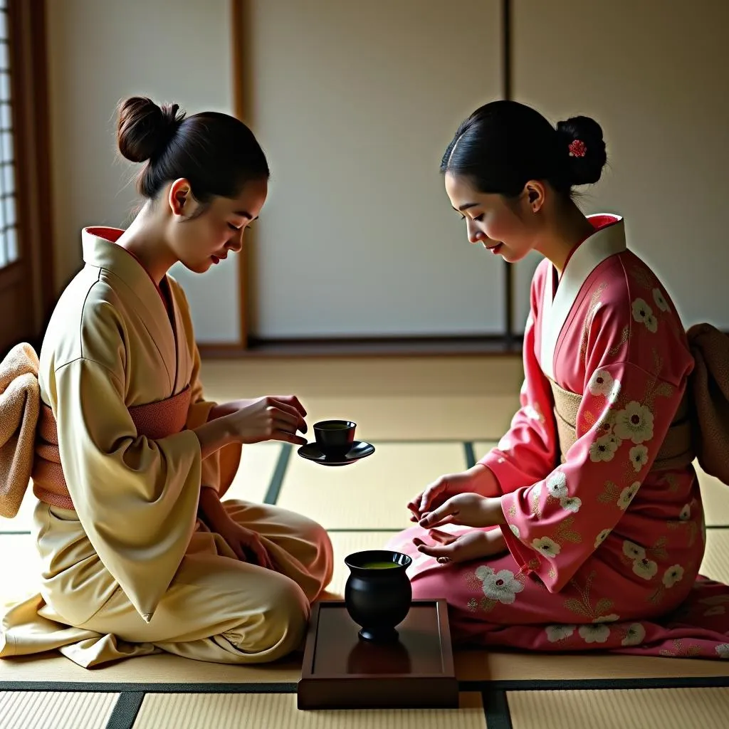 Two women experiencing traditional Japanese tea ceremony