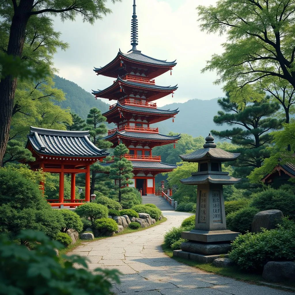 Tranquil Japanese temple garden with a pagoda in the background