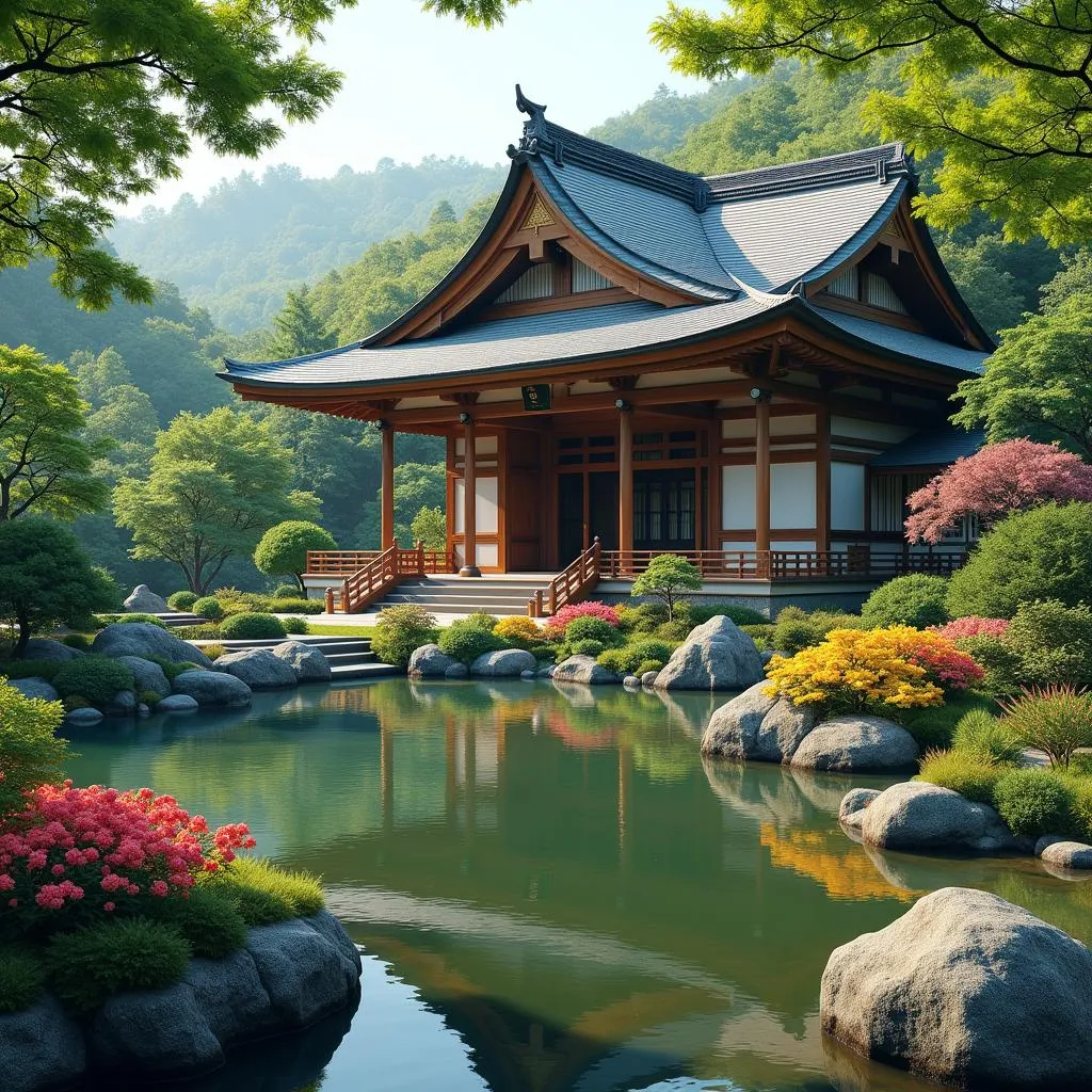 Tranquil Japanese Garden with Traditional Temple