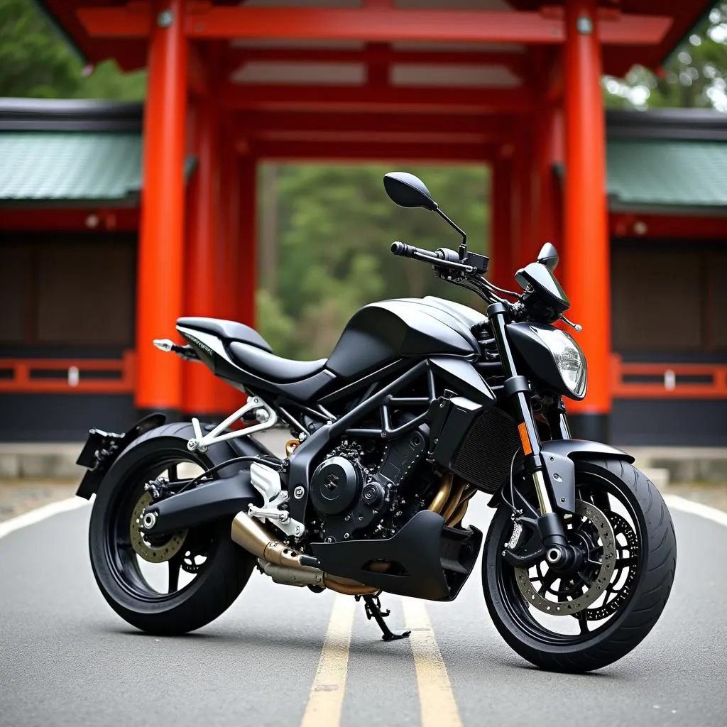 Motorcycle parked respectfully near a traditional Japanese temple