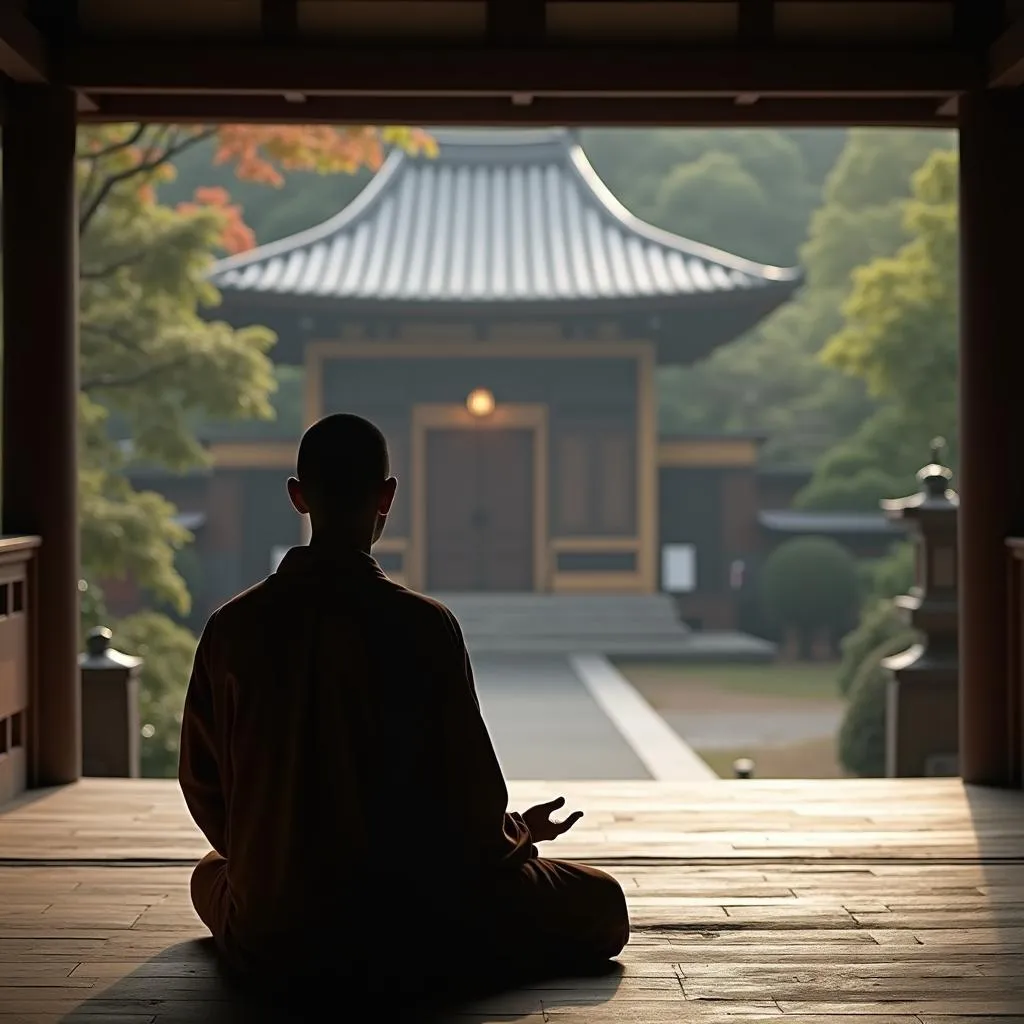 Monk Meditating in a Japanese Temple