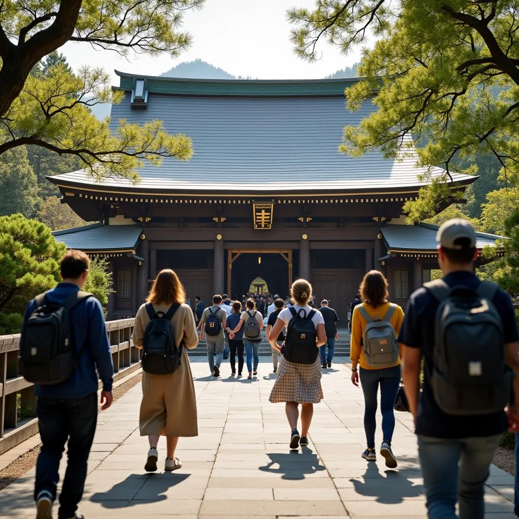 Tourists visiting a serene temple in Japan