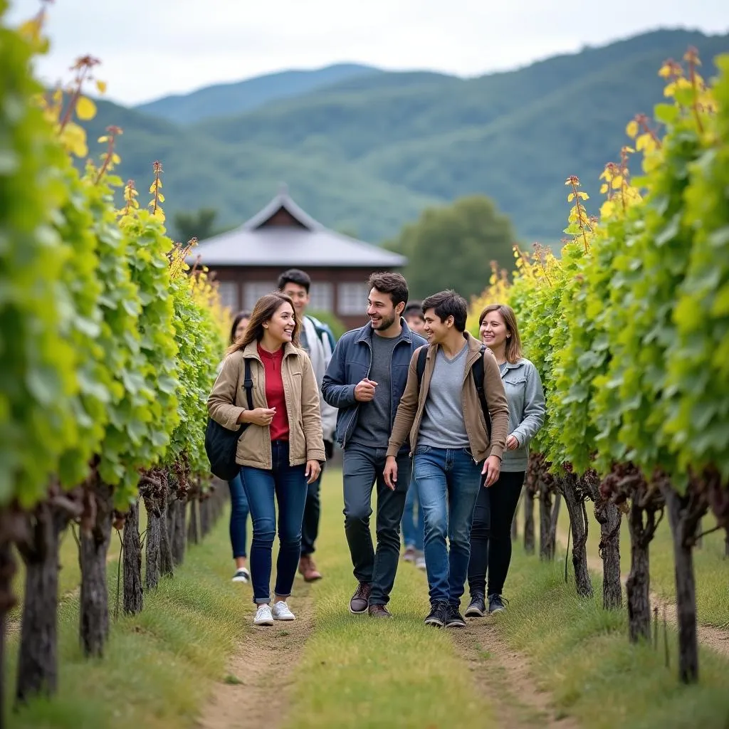 Group of tourists on a Japanese vineyard tour