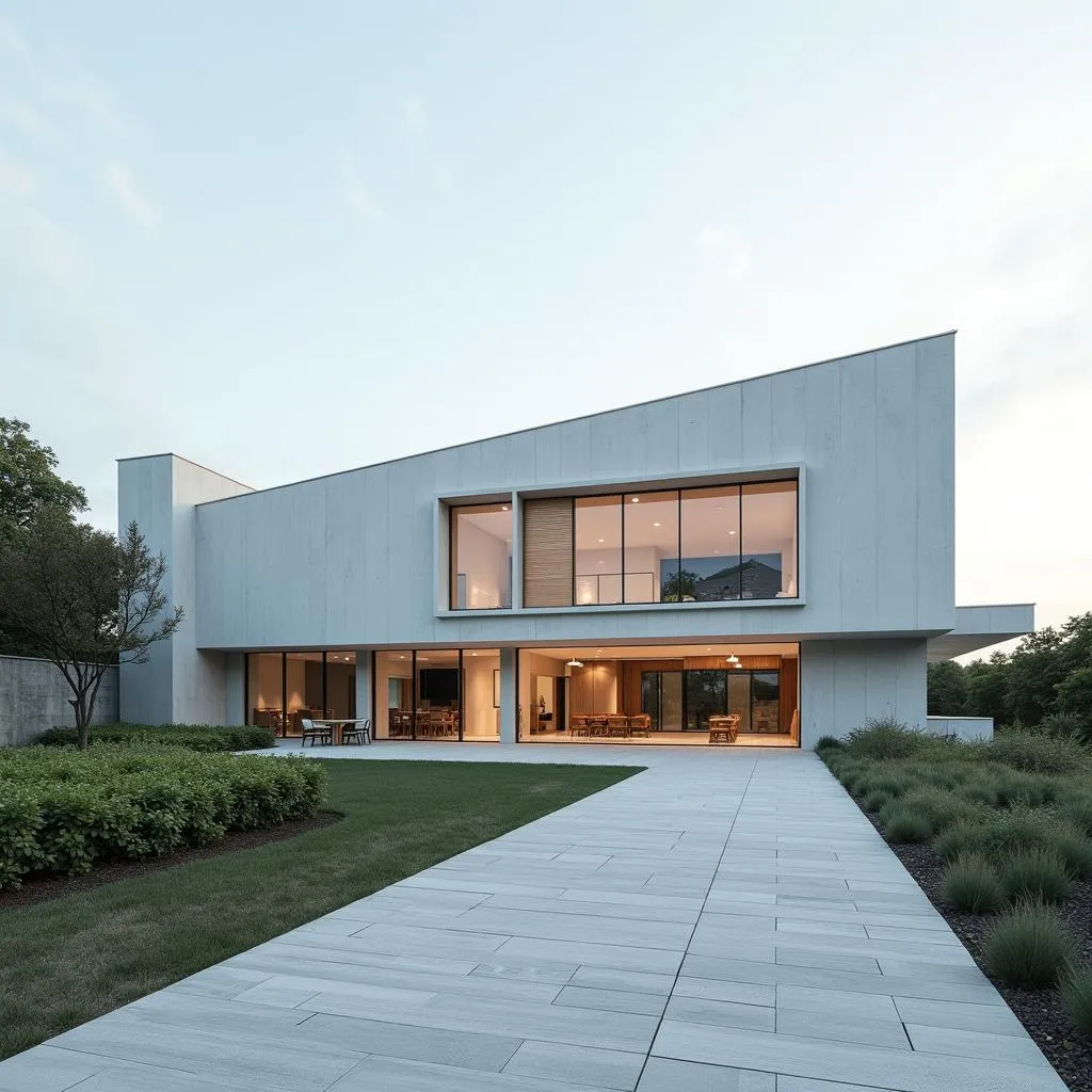 Modern exterior of a Japanese vodka distillery bathed in sunlight