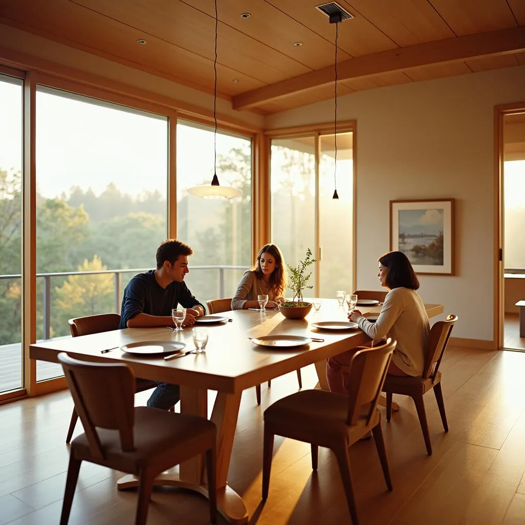 Jessica Alba's dining room with family gathering, bathed in natural light