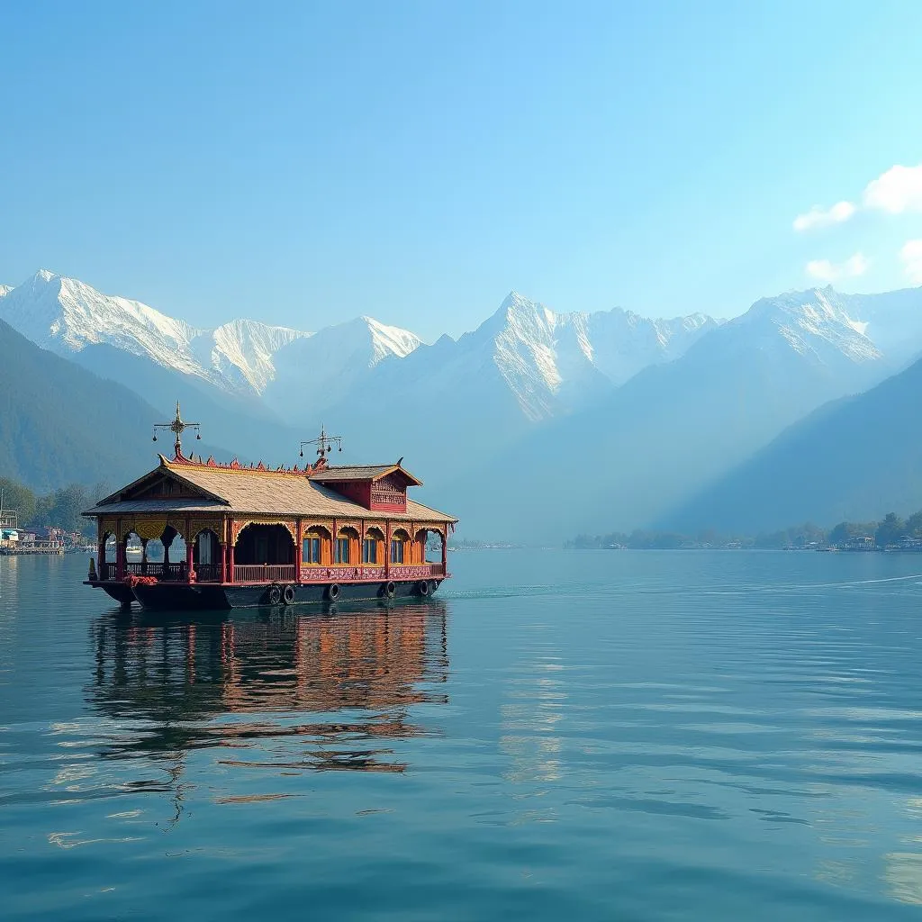 Traditional houseboat on serene Dal Lake in Kashmir