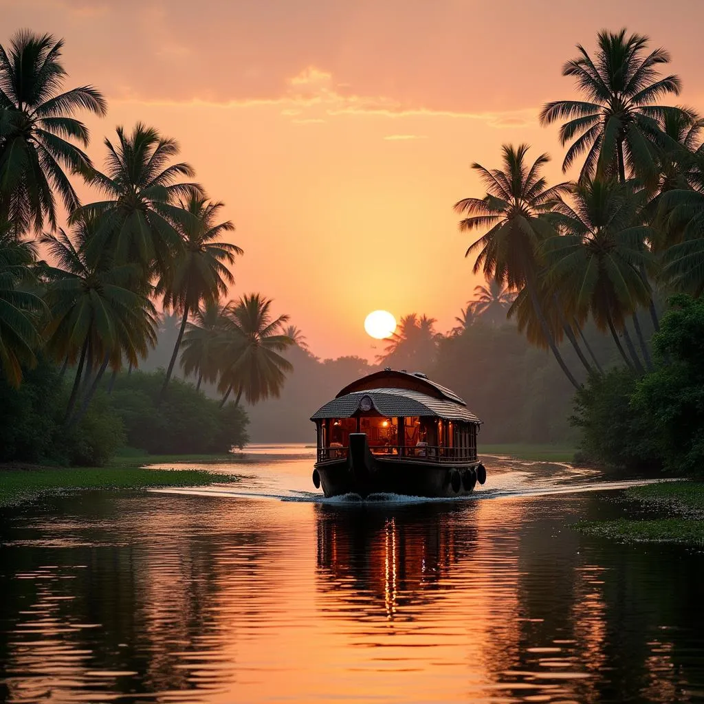 Sunset over Kerala backwaters with a houseboat