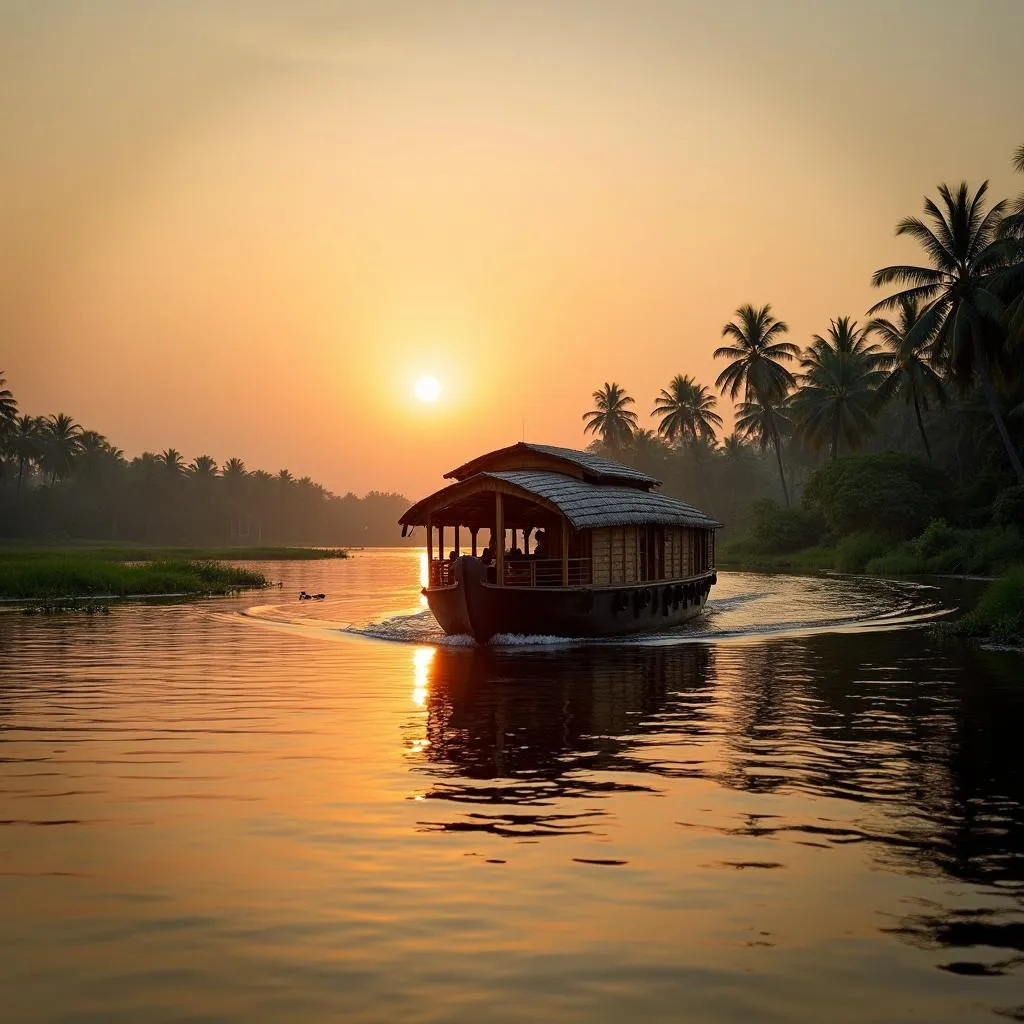 Tranquil Kerala backwaters with a traditional houseboat at sunset.