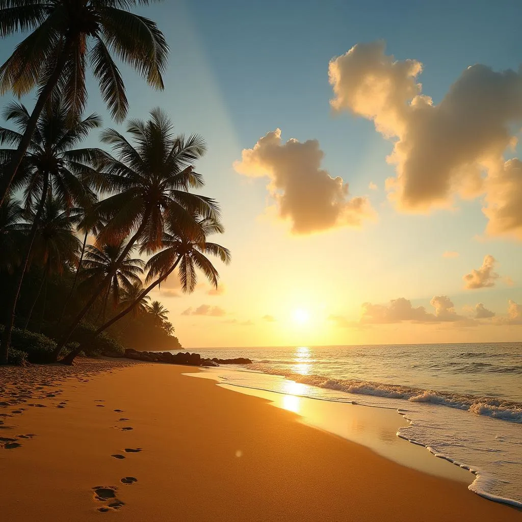 Golden sandy beach in Kerala with palm trees silhouetted against a vibrant sunset.