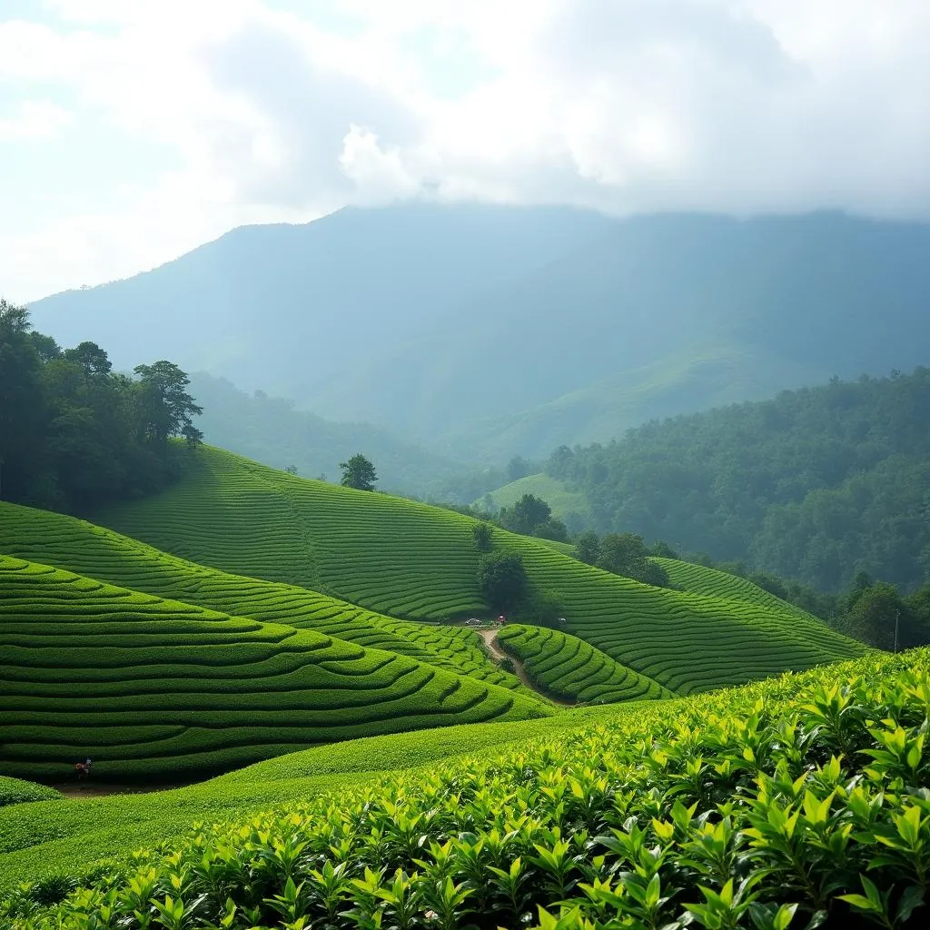 Scenic view of lush green tea plantations in Kerala's highlands.