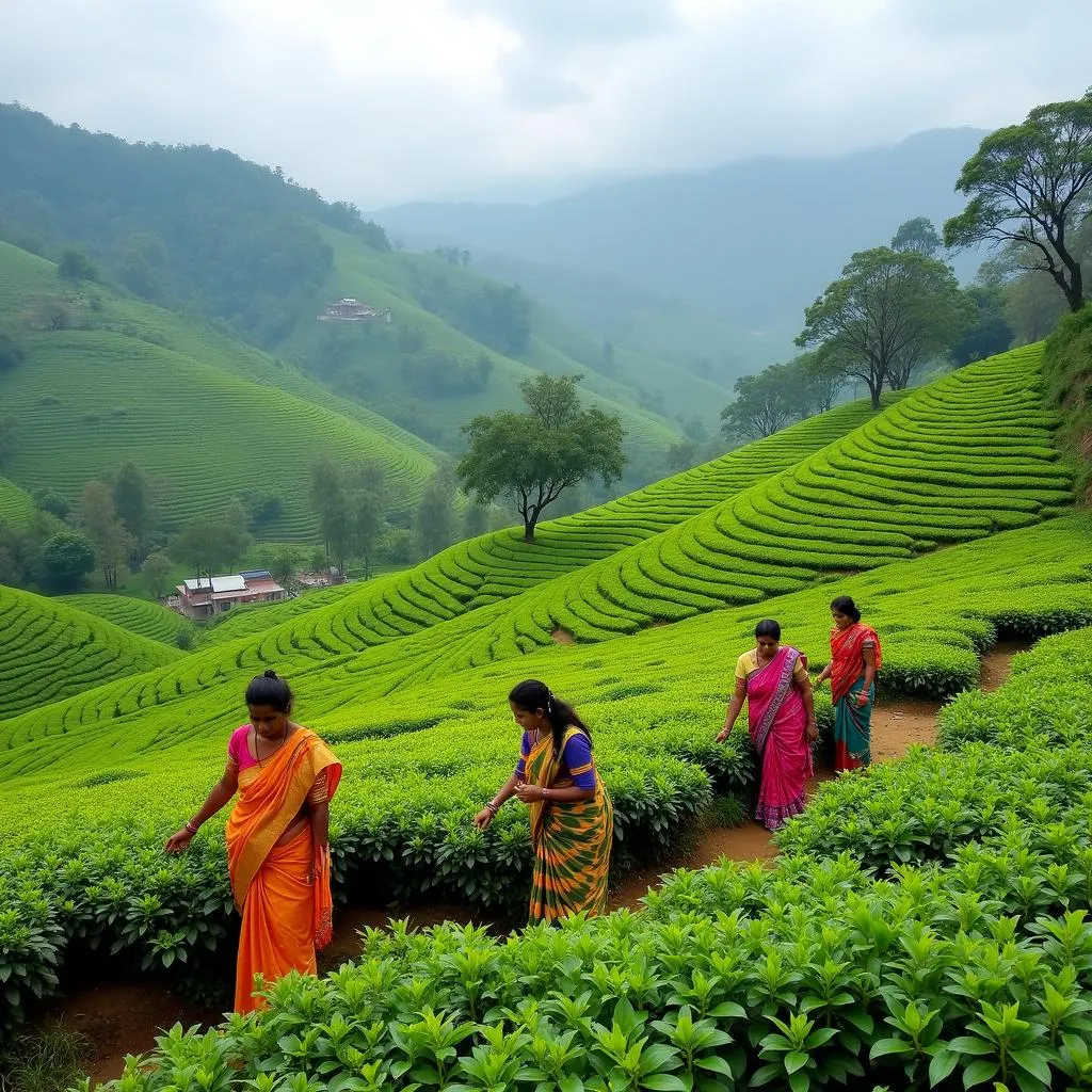 Women picking tea leaves in the lush green tea plantations of Munnar