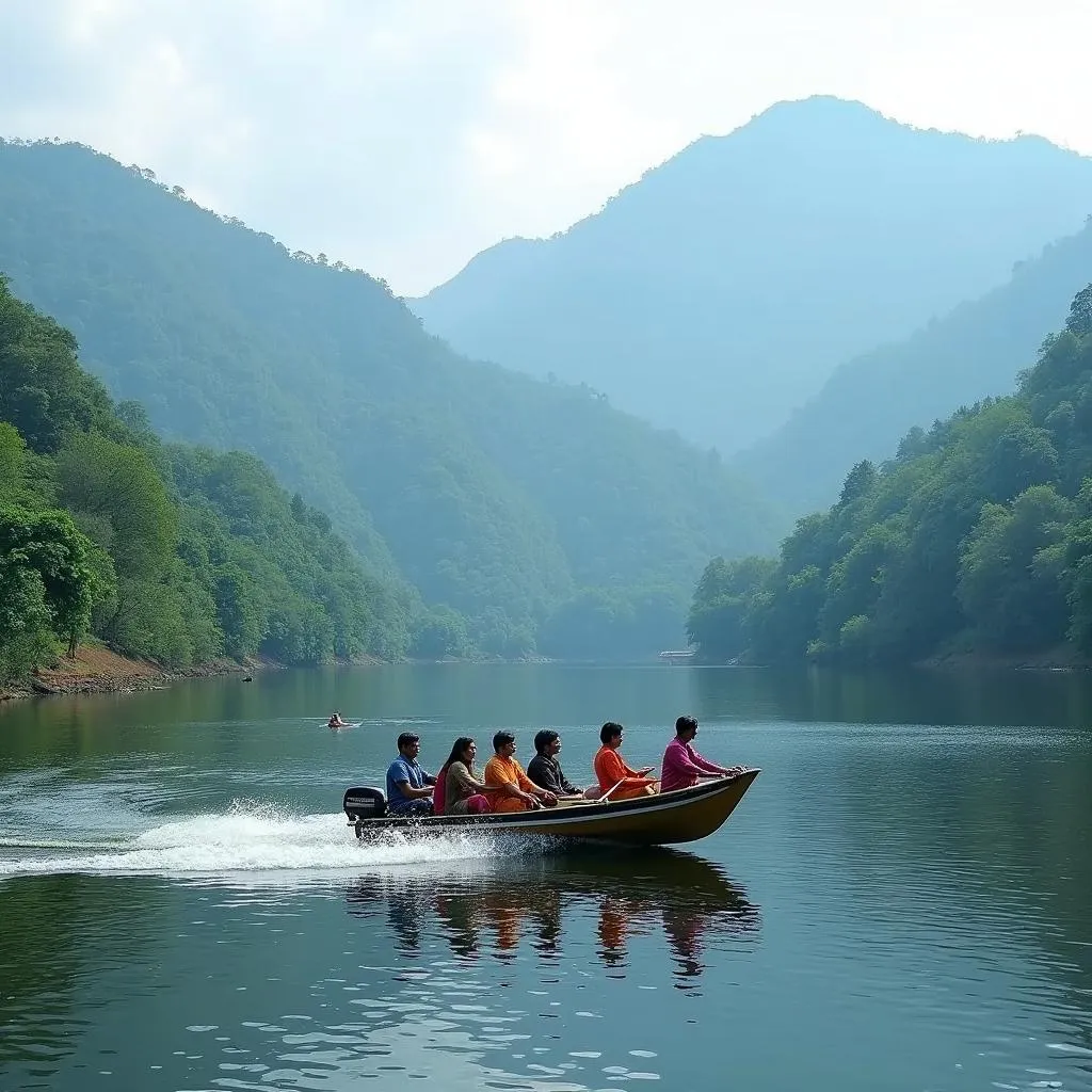 Tourists enjoying a scenic boat ride in Kodaikanal Lake, Tamil Nadu