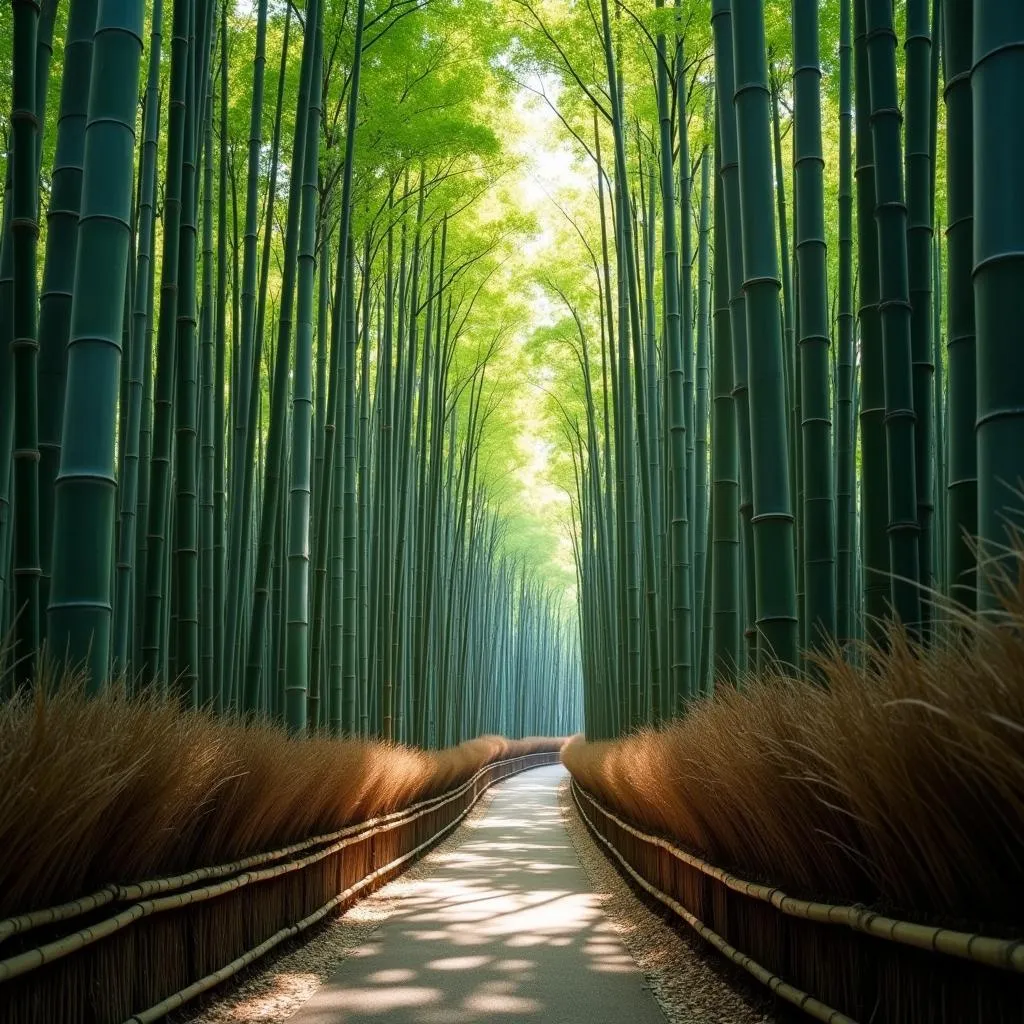 Tranquil bamboo forest in Arashiyama, Kyoto