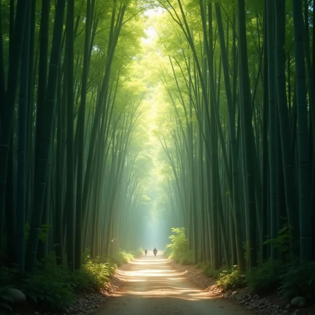 Sunlight filtering through Arashiyama Bamboo Grove in Kyoto