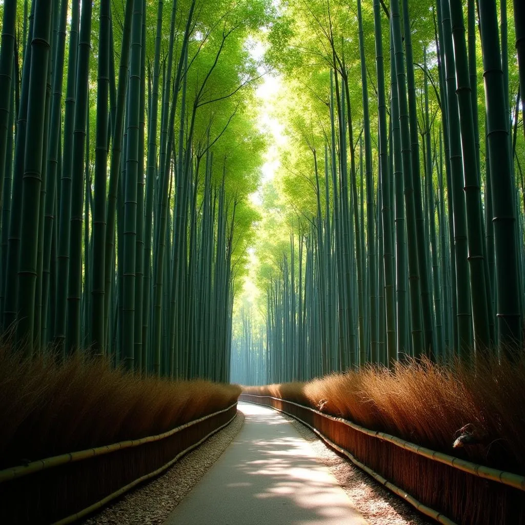 Sunlight filtering through Arashiyama Bamboo Grove in Kyoto